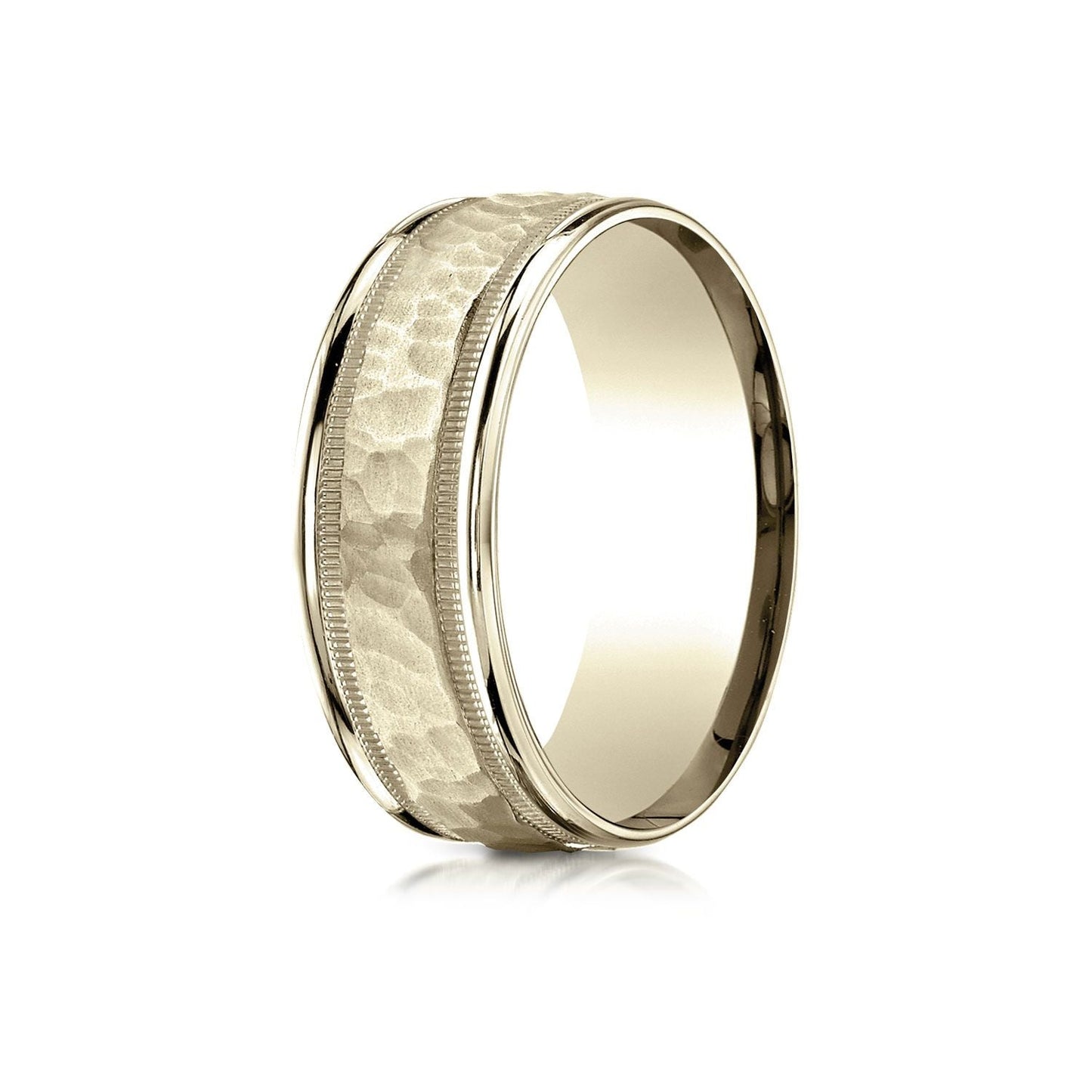 18 Karat Yellow Gold 8mm Comfort-fit Hammered Center High Polish Round Edge Carved Design Band