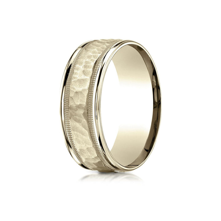 8mm Hammered Center High Polish Round Edge Carved Wedding Band, in 18K Yellow Gold | RockHer
