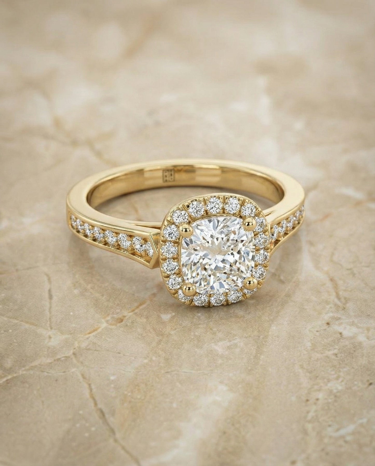 Channel Pavé Halo Cushion, in 18K Yellow Gold, pave setting – angled view | RockHer