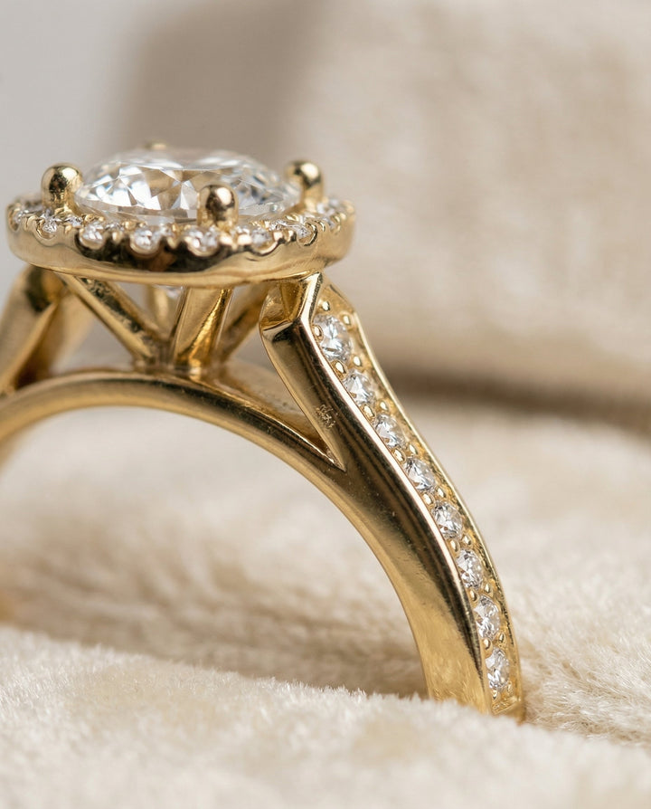 Channel Pavé Halo Cushion, in 18K Yellow Gold, pave setting – detail view | RockHer