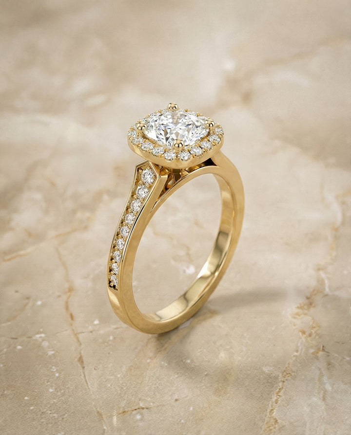 Channel Pavé Halo Cushion, in 18K Yellow Gold, pave setting – front view | RockHer
