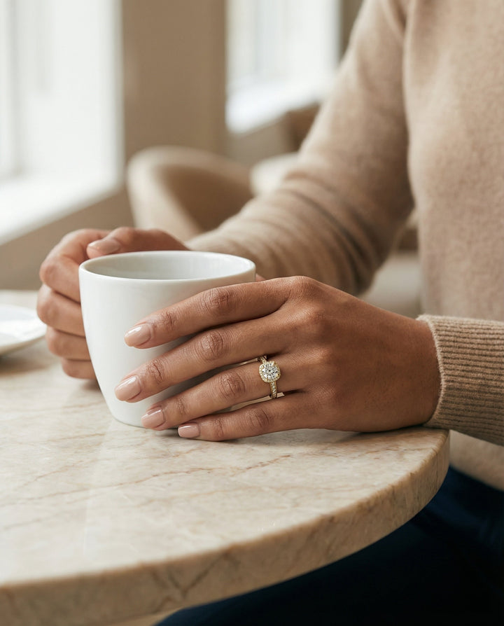 Channel Pavé Halo Cushion, in 18K Yellow Gold, pave setting – lifestyle shot | RockHer