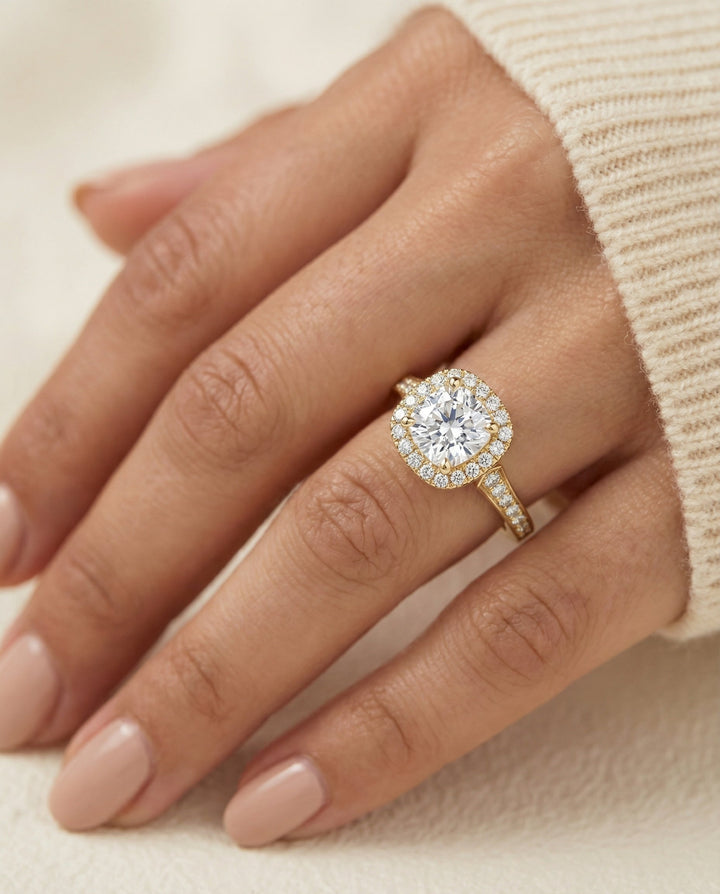Channel Pavé Halo Cushion, in 18K Yellow Gold, pave setting – lifestyle shot | RockHer