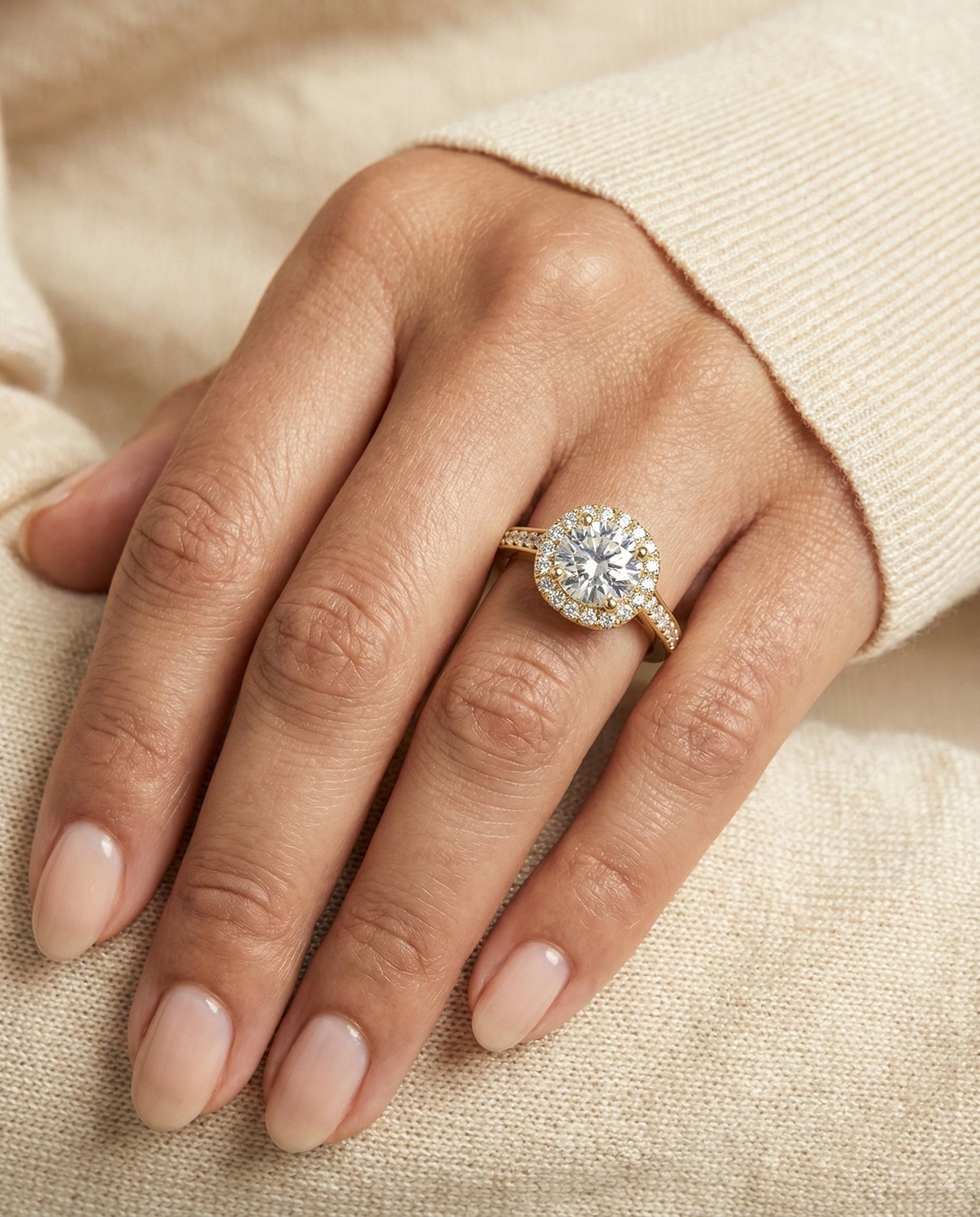 Channel Pavé Halo Cushion, in 18K Yellow Gold, pave setting – lifestyle shot | RockHer