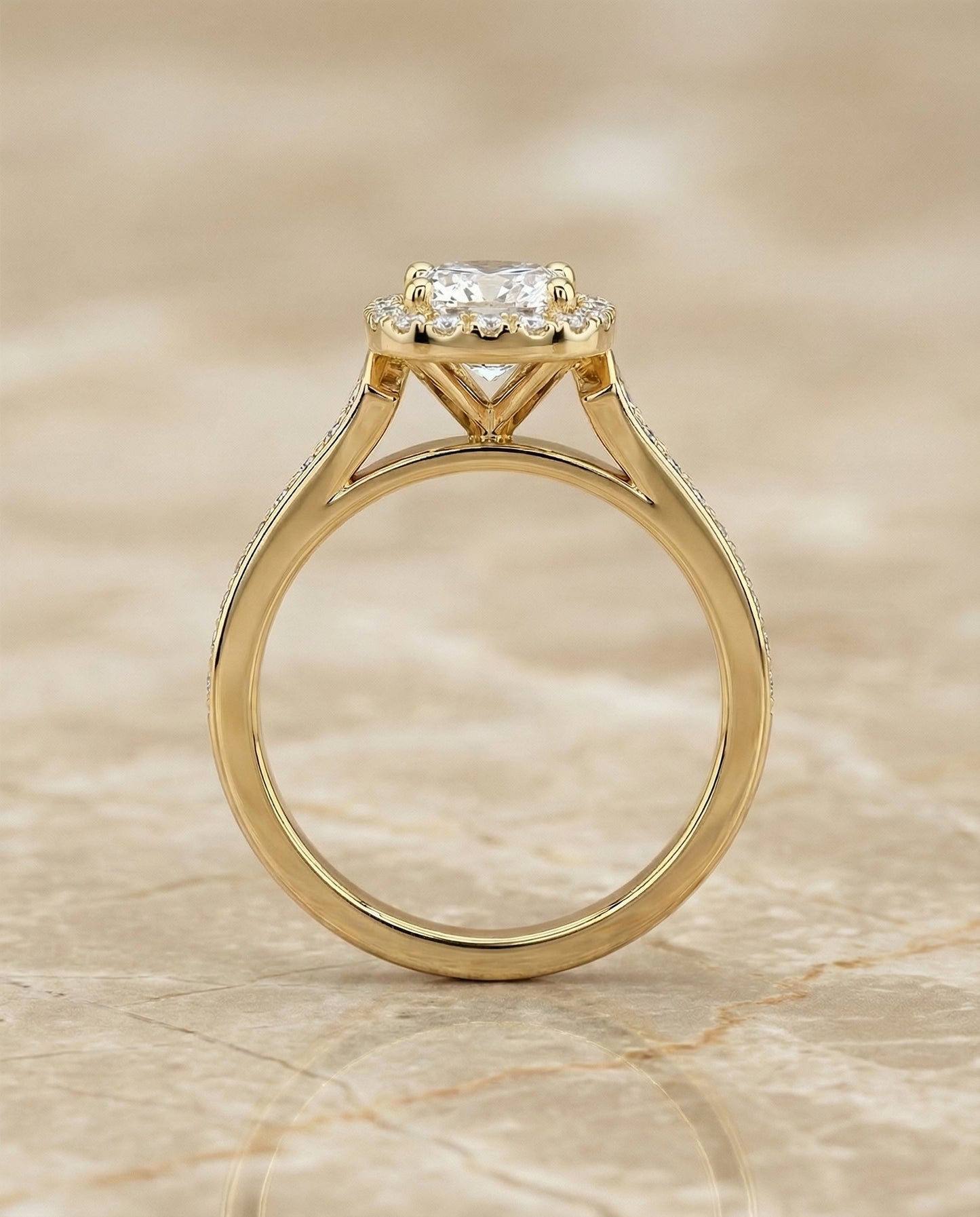 Channel Pavé Halo Cushion, in 18K Yellow Gold, pave setting – side profile | RockHer