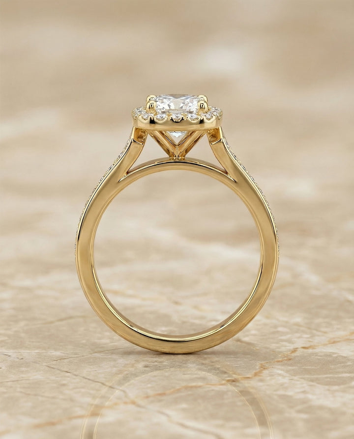Channel Pavé Halo Cushion, in 18K Yellow Gold, pave setting – side profile | RockHer