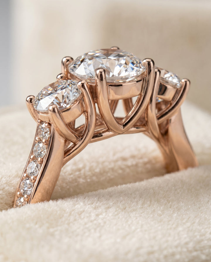 Avery Select Channel Pave Three Stone Solitaire in 14K Rose Gold – view 4