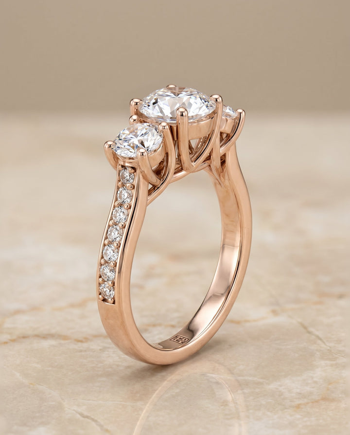 Avery Select Channel Pave Three Stone Solitaire in 14K Rose Gold – view 2