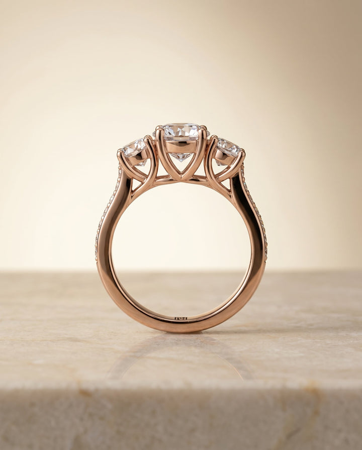 Avery Select Channel Pave Three Stone Solitaire in 14K Rose Gold – view 6