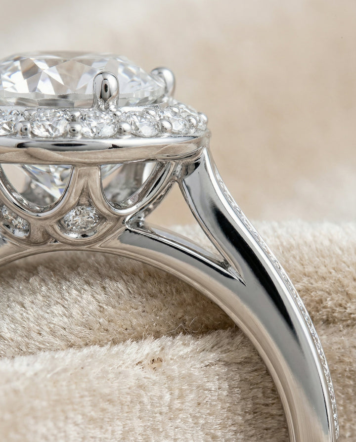 Round Brilliant, Channel Row Pavé Halo, in Platinum, prong setting – detail view | RockHer