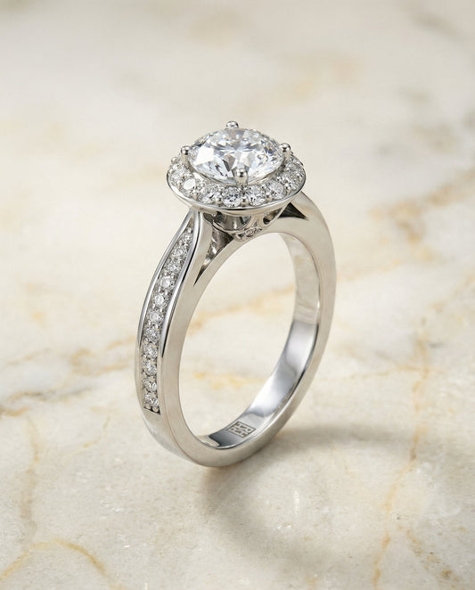 Round Brilliant, Channel Row Pavé Halo, in 18K White Gold, prong setting – front view | RockHer
