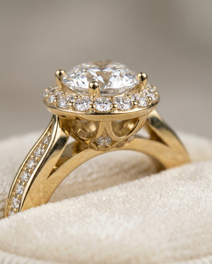 Round Brilliant, Channel Row Pavé Halo, in 18K Yellow Gold, prong setting – detail view | RockHer