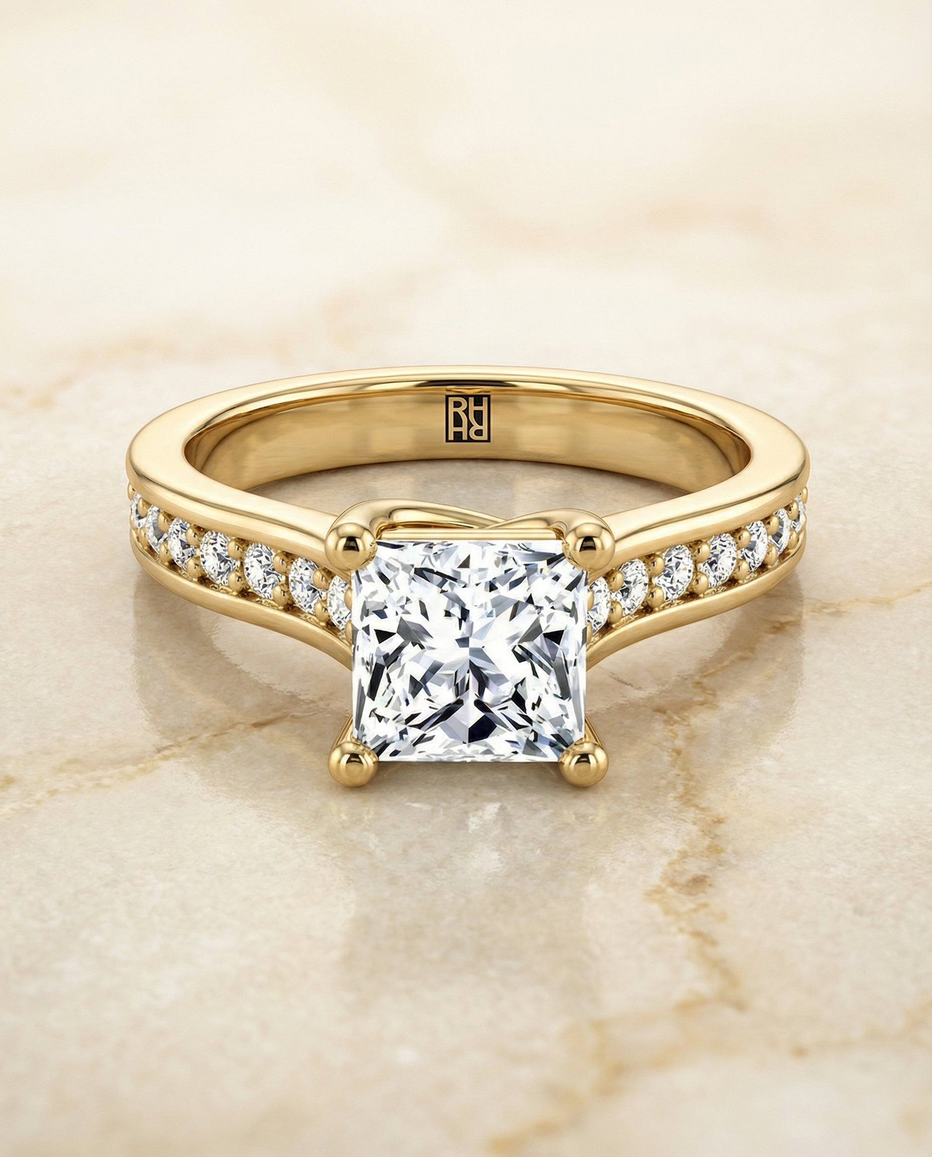 Channel Set Pavé Princess, in 18K Yellow Gold, pave setting – angled view | RockHer