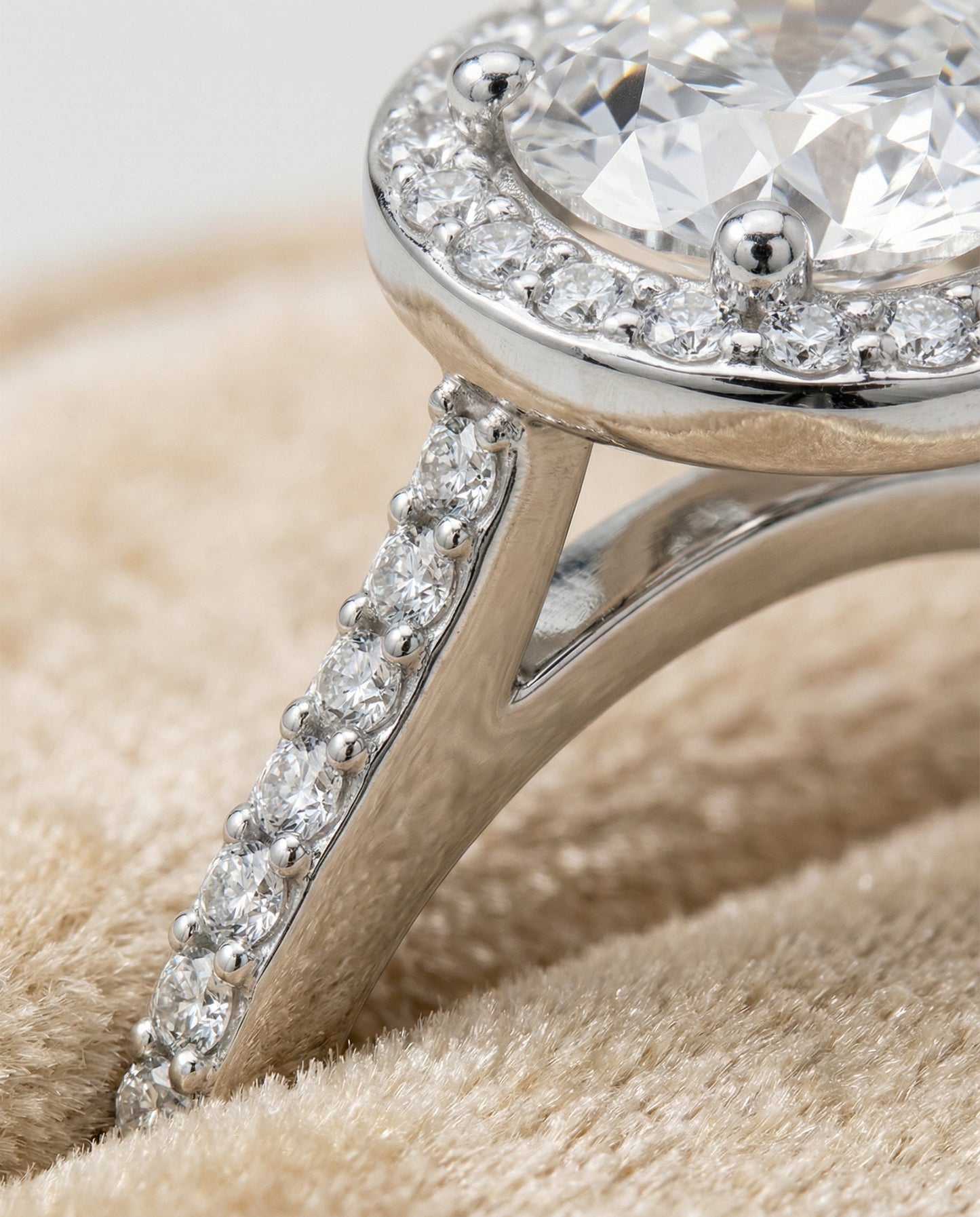 Round Brilliant, Classic French Pavé Halo, in 18K White Gold, pave setting – detail view | RockHer