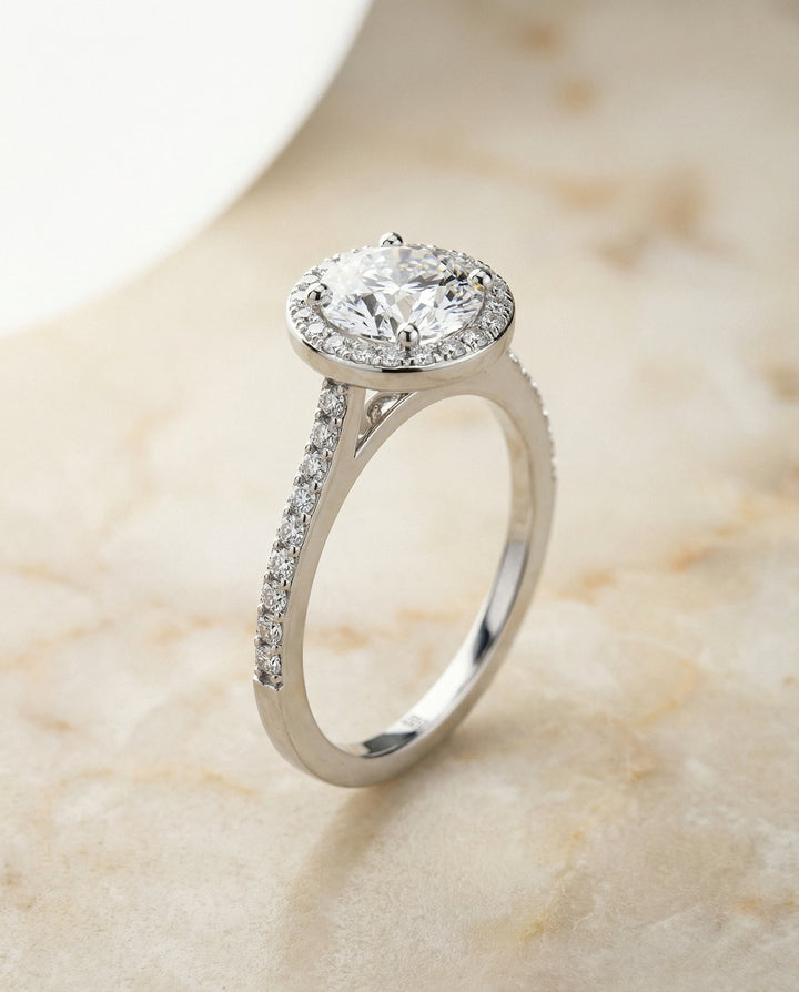 Round Brilliant, Classic French Pavé Halo Round, in Platinum, pave setting – front view | RockHer