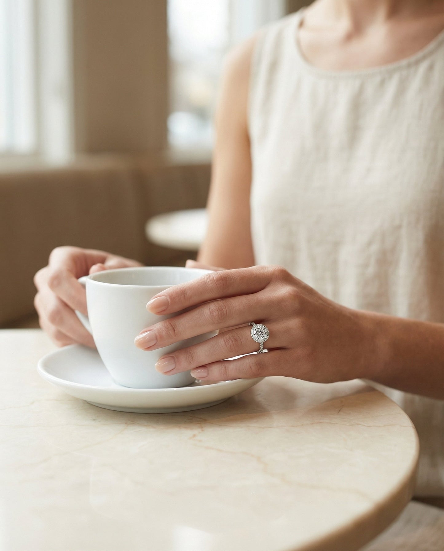 Round Brilliant, Classic French Pavé Halo Round, in Platinum, pave setting – lifestyle shot | RockHer