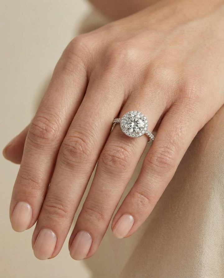 Round Brilliant, Classic French Pavé Halo, in 18K White Gold, pave setting – lifestyle shot | RockHer