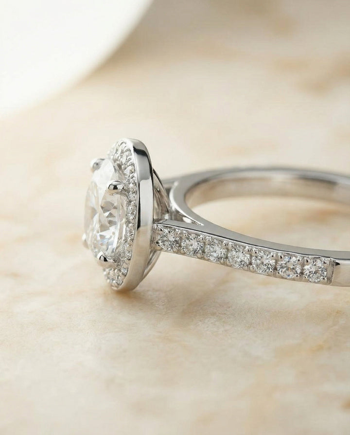 Round Brilliant, Classic French Pavé Halo Round, in Platinum, pave setting – side profile | RockHer