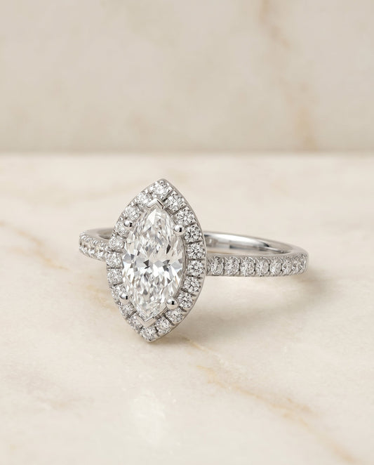 Classic French Pavé Halo Linear Marquise, in Platinum, pave setting – angled view | RockHer