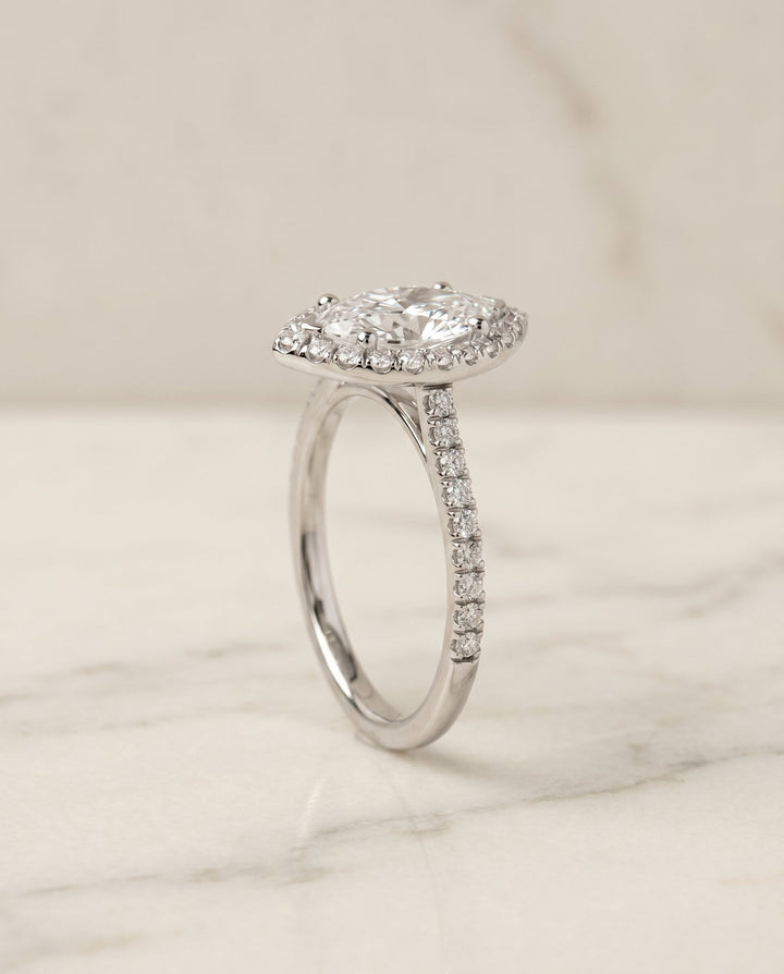 Classic French Pavé Halo Linear Marquise, in Platinum, pave setting – front view | RockHer