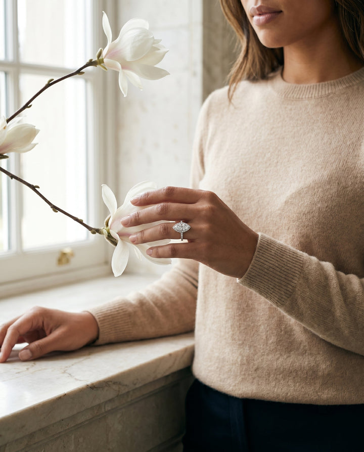 Classic French Pavé Halo Linear Marquise, in Platinum, pave setting – lifestyle shot | RockHer
