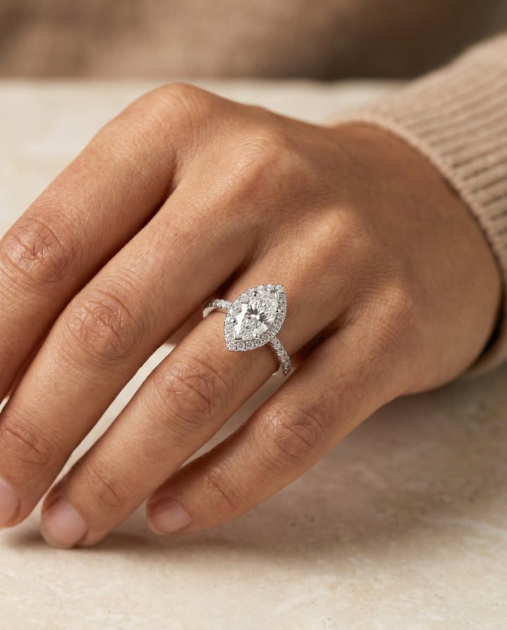Classic French Pavé Halo Linear Marquise, in Platinum, pave setting – lifestyle shot | RockHer