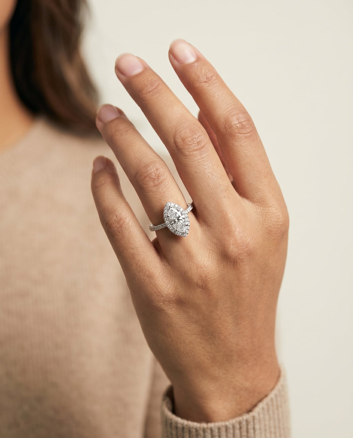 Classic French Pavé Halo Linear Marquise, in Platinum, pave setting – lifestyle shot | RockHer