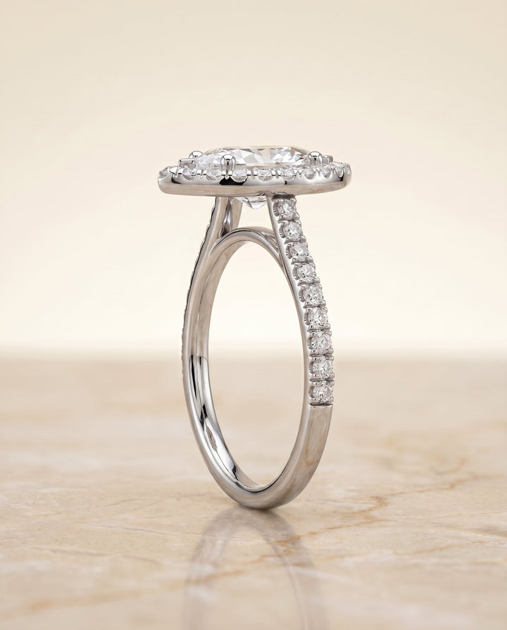 Classic French Pavé Halo Linear Marquise, in Platinum, pave setting – side profile | RockHer