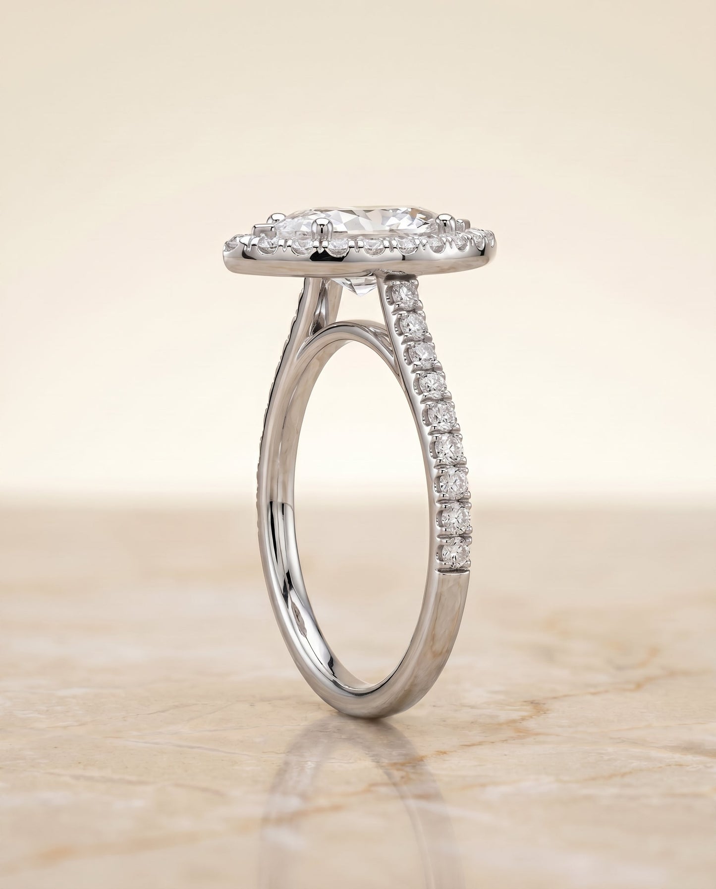 Classic French Pavé Halo Linear Marquise, in Platinum, pave setting – side profile | RockHer