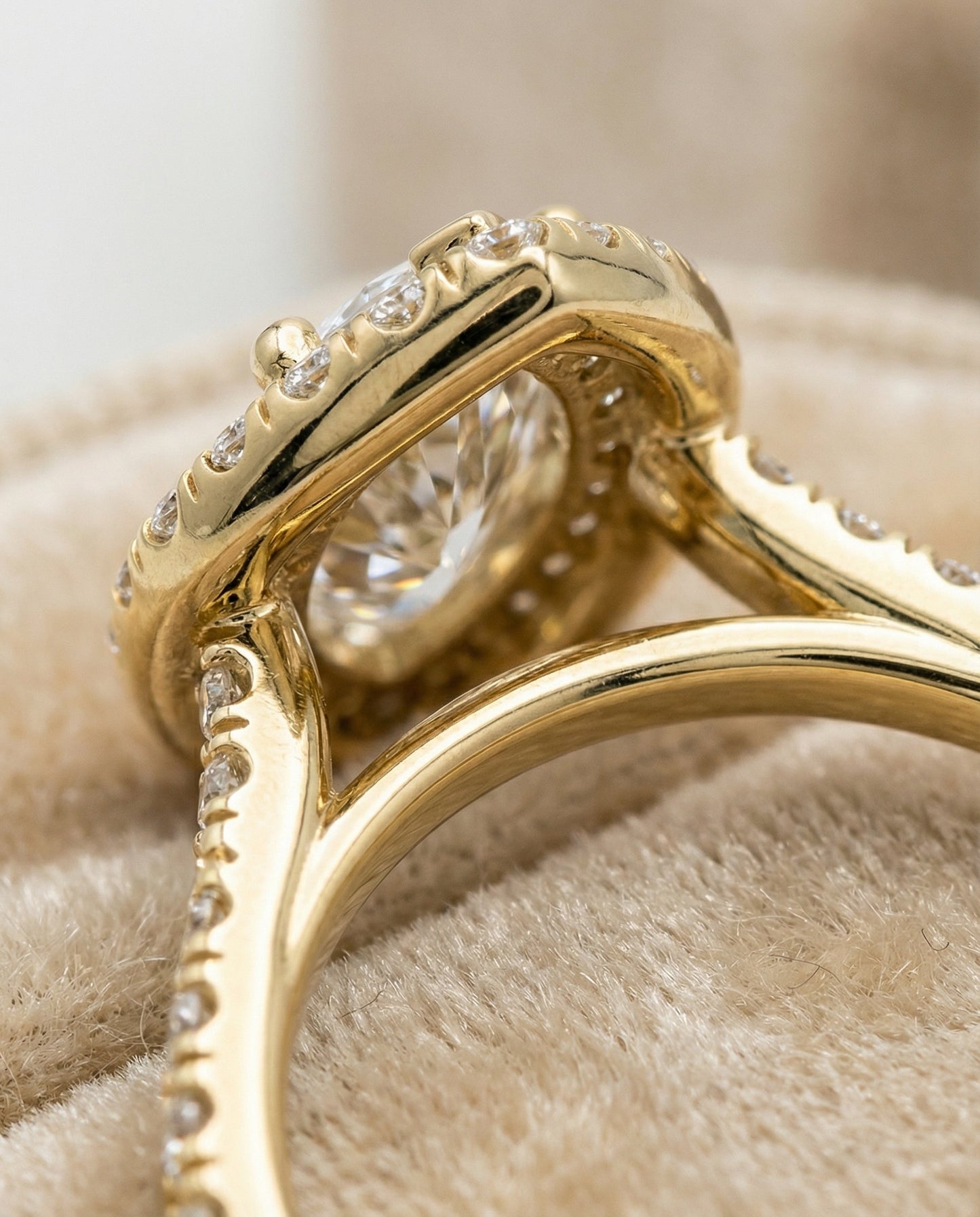 Classic French Pavé Halo Linear Marquise, in 18K Yellow Gold, pave setting – detail view | RockHer