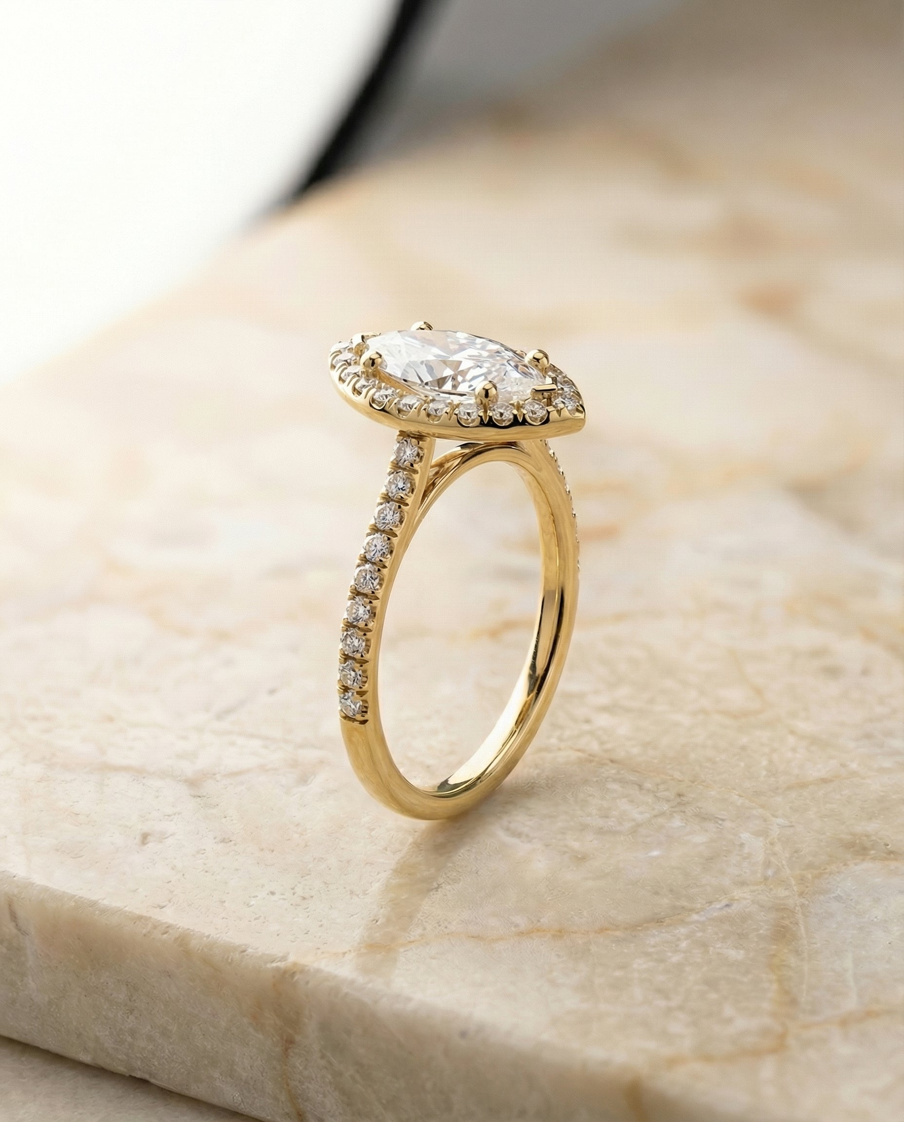 Classic French Pavé Halo Linear Marquise, in 18K Yellow Gold, pave setting – front view | RockHer