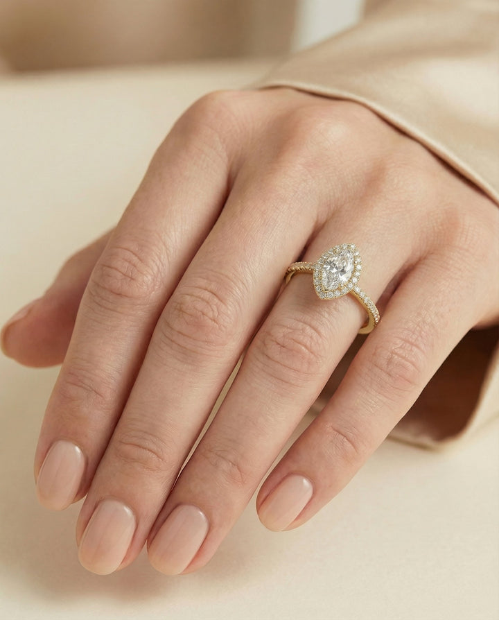 Classic French Pavé Halo Linear Marquise, in 18K Yellow Gold, pave setting – lifestyle shot | RockHer