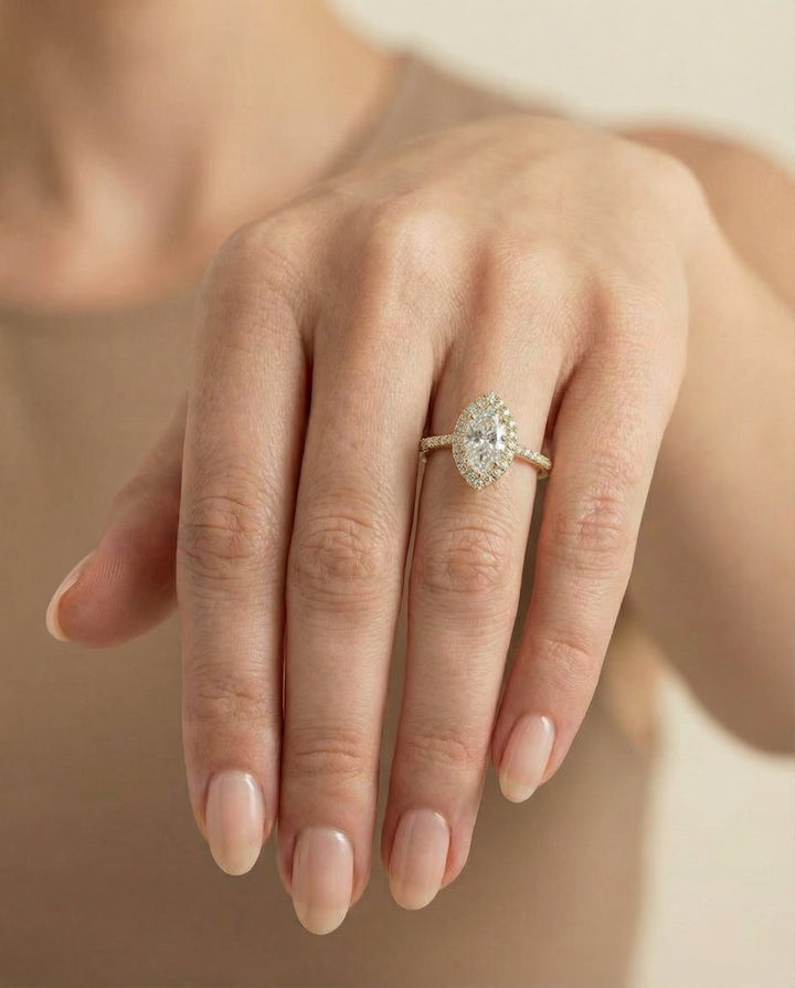 Classic French Pavé Halo Linear Marquise, in 18K Yellow Gold, pave setting – lifestyle shot | RockHer