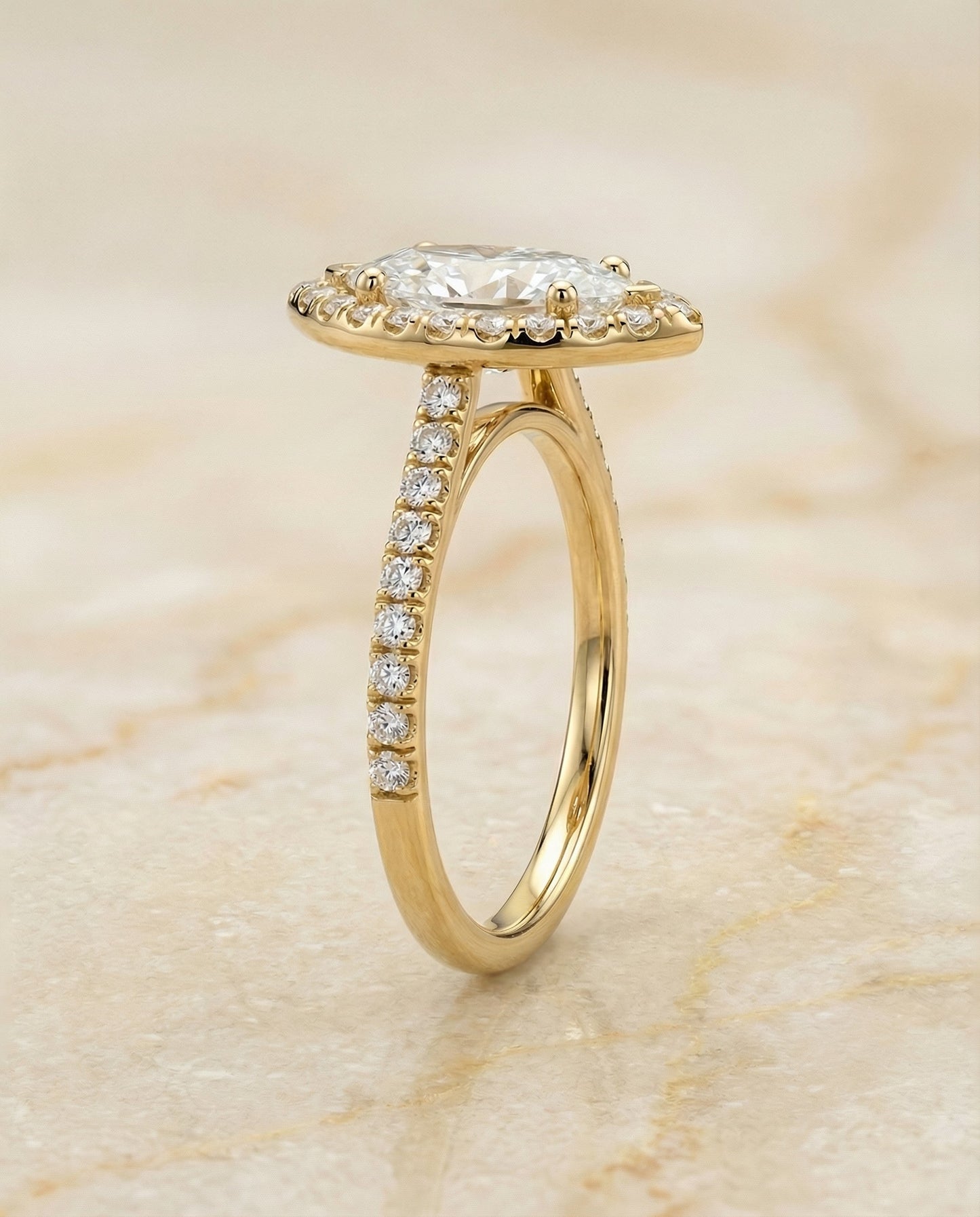 Classic French Pavé Halo Linear Marquise, in 18K Yellow Gold, pave setting – side profile | RockHer