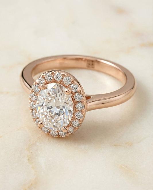 Kate Select classic french pavé halo oval oval ring in 14K Rose Gold — alt angle — RockHer