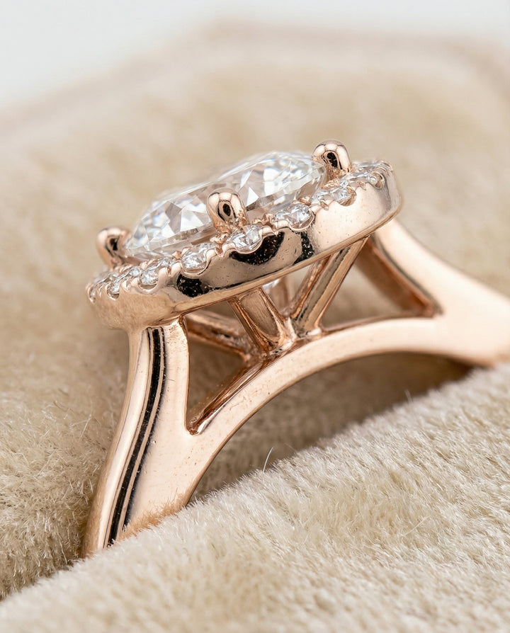 Classic French Pavé Halo Oval, in 14K Rose Gold, pave setting – detail view | RockHer