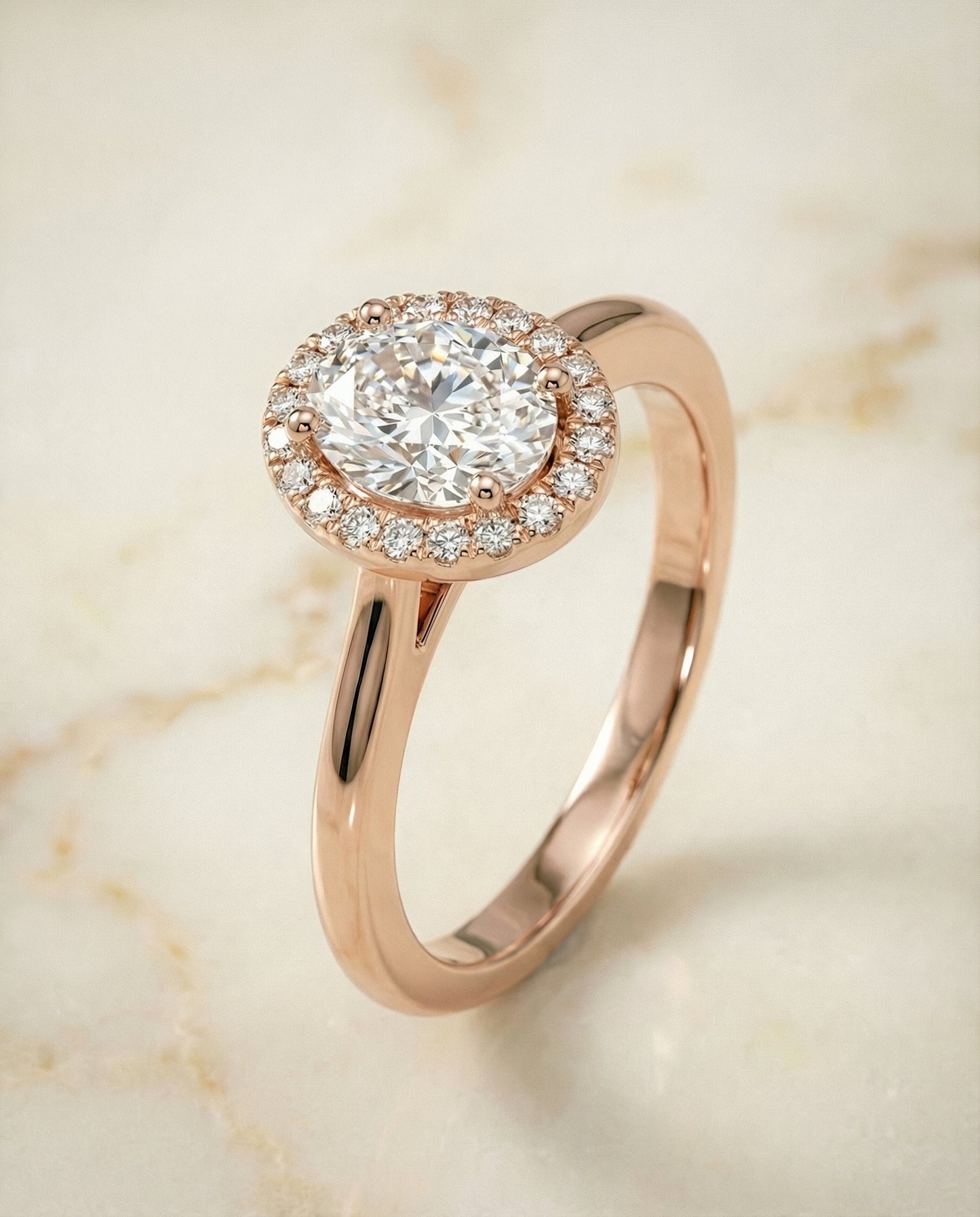 Classic French Pavé Halo Oval, in 14K Rose Gold, pave setting – front view | RockHer