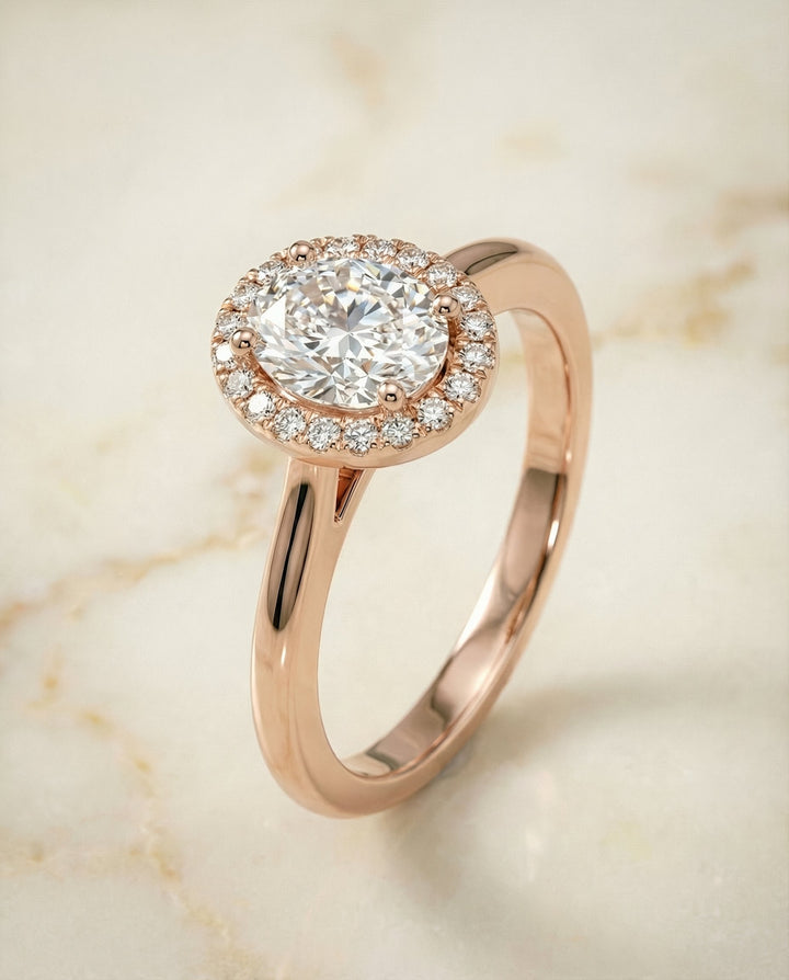 Classic French Pavé Halo Oval, in 14K Rose Gold, pave setting – front view | RockHer