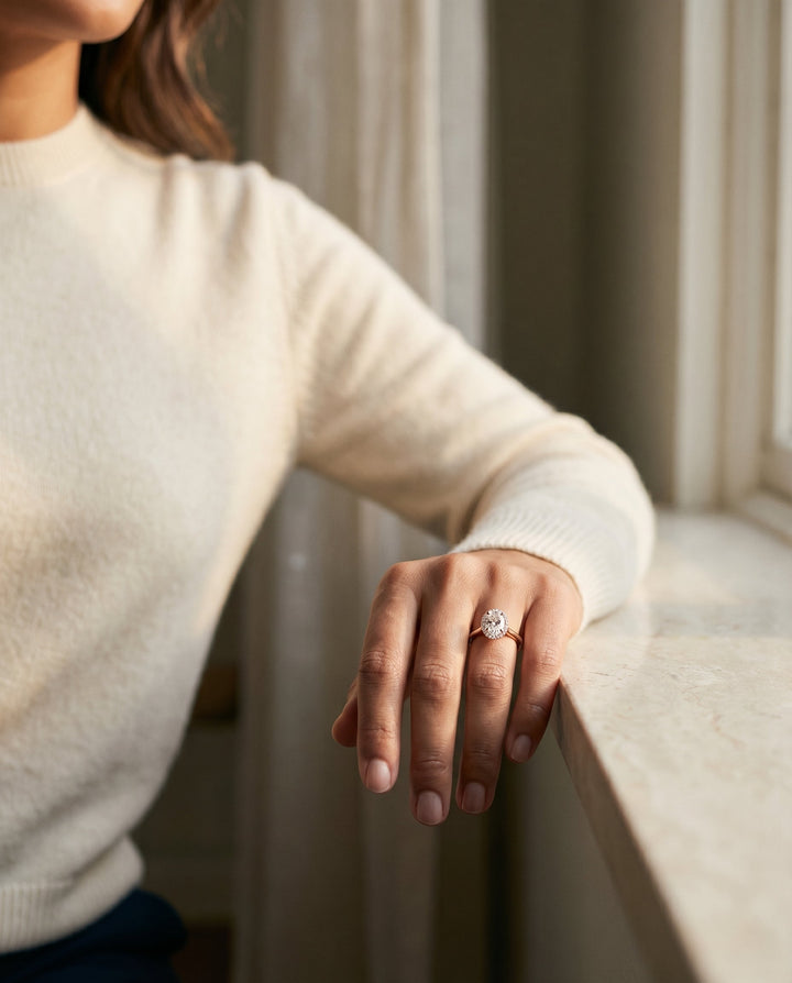 Classic French Pavé Halo Oval, in 14K Rose Gold, pave setting – lifestyle shot | RockHer