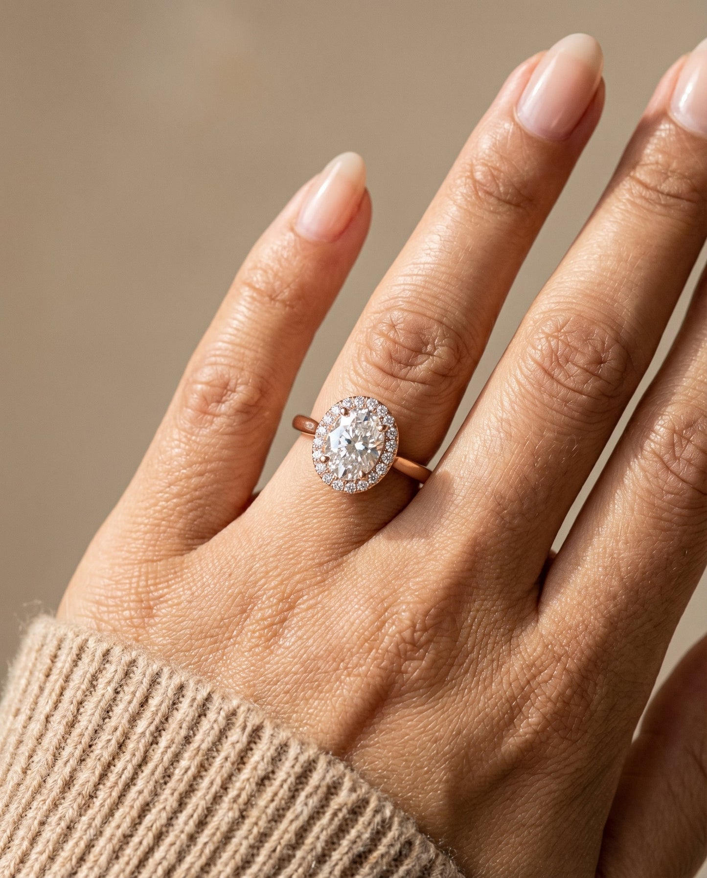 Classic French Pavé Halo Oval, in 14K Rose Gold, pave setting – lifestyle shot | RockHer