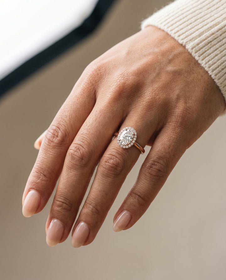 Kate Select classic french pavé halo oval oval ring in 14K Rose Gold — front — RockHer