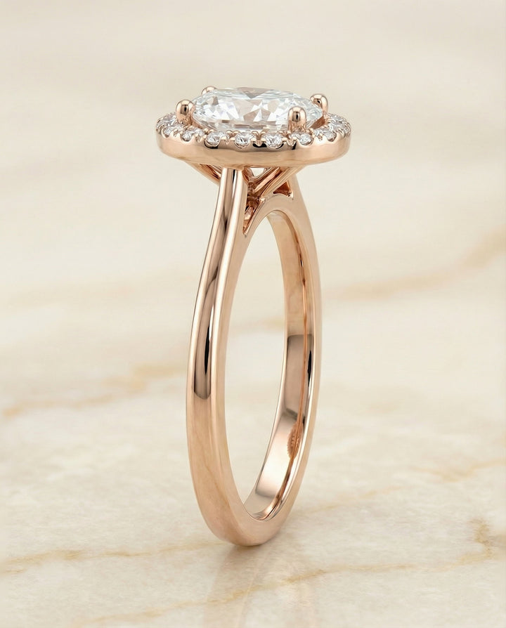 Kate Select classic french pavé halo oval oval ring in 14K Rose Gold — side — RockHer