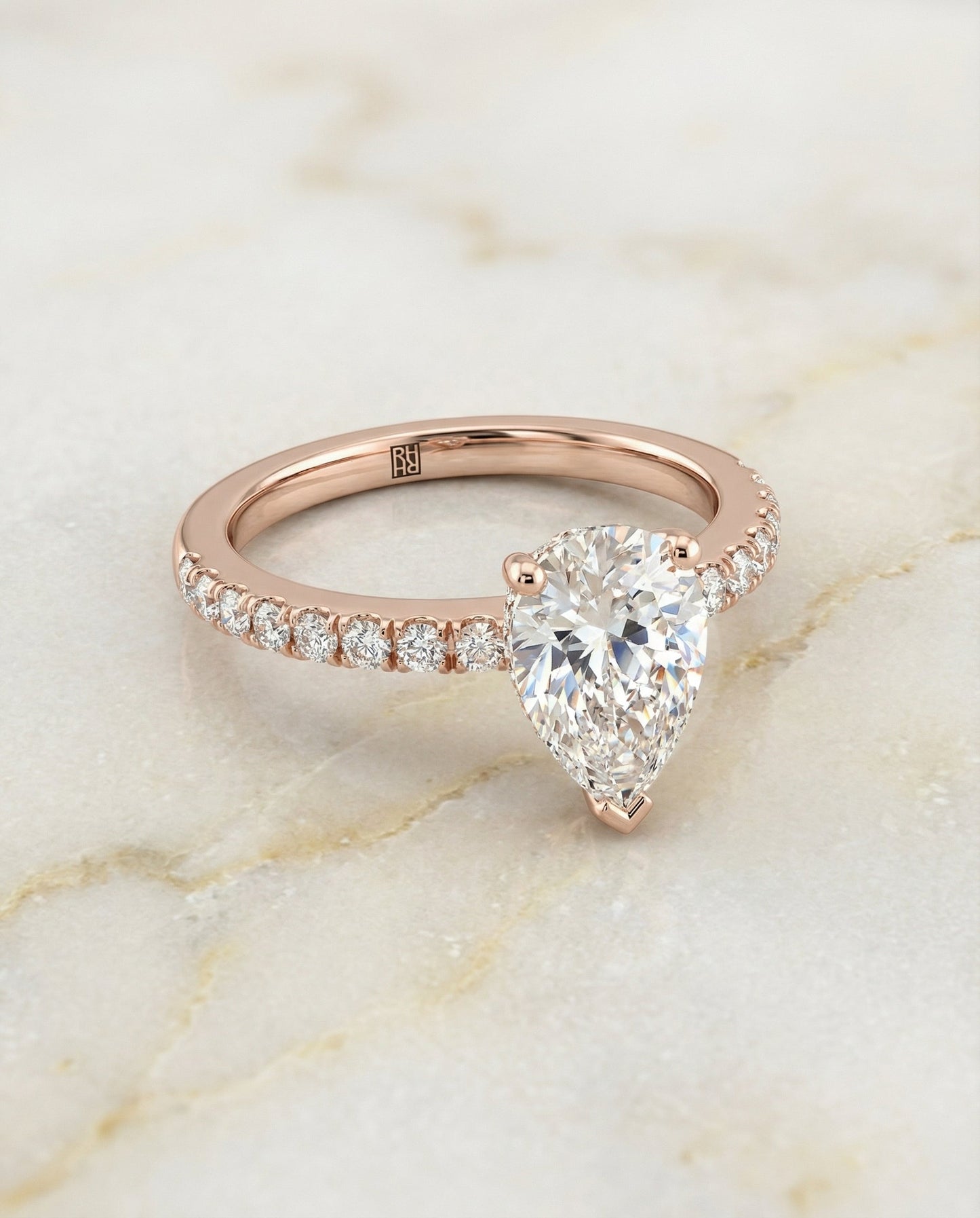 Classic Linear French Pavé Pear Shape, in 14K Rose Gold – angled view | RockHer