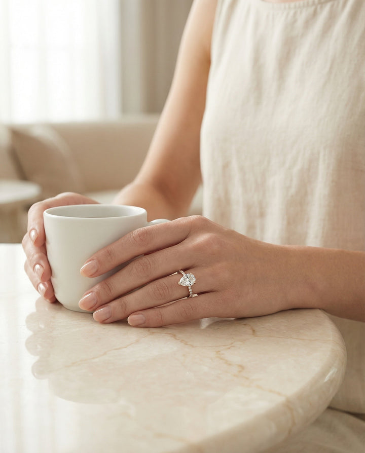 Classic Linear French Pavé Pear Shape, in 14K Rose Gold – lifestyle shot | RockHer