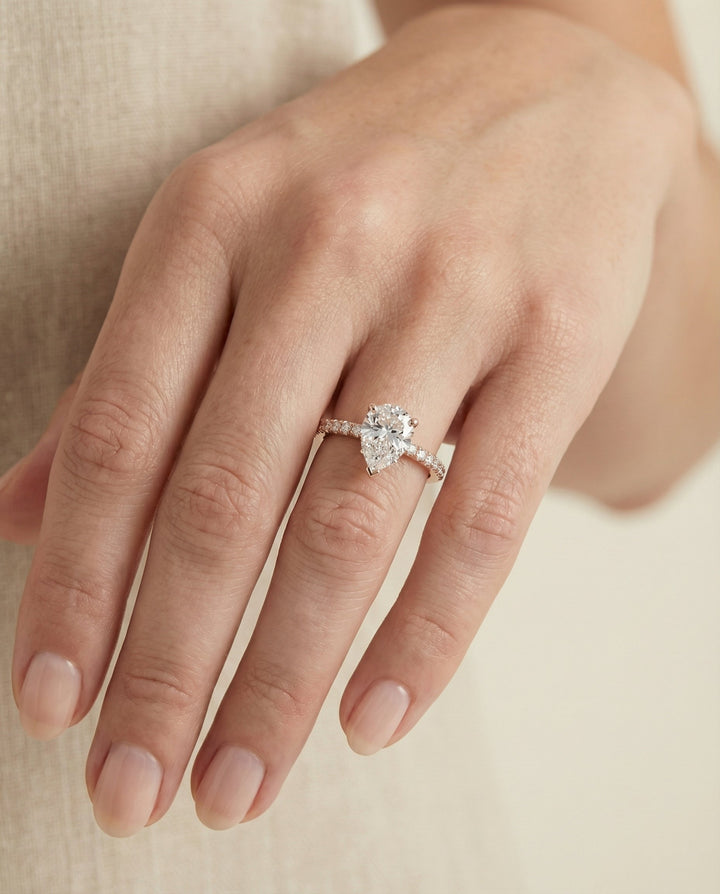 Classic Linear French Pavé Pear Shape, in 14K Rose Gold – lifestyle shot | RockHer