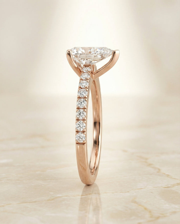 Classic Linear French Pavé Pear Shape, in 14K Rose Gold – side profile | RockHer