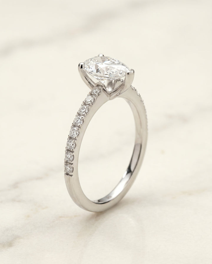 Norah Select Classic Linear French Pave Pear Shape Solitaire in Platinum – view 2