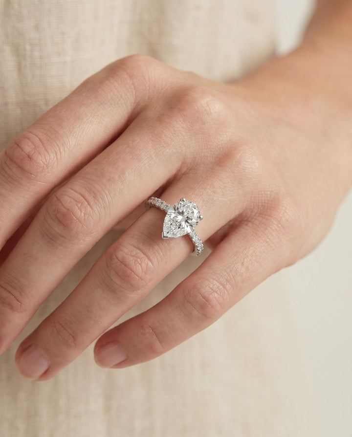 Norah Select Classic Linear French Pave Pear Shape Solitaire in 18K White Gold – view 3
