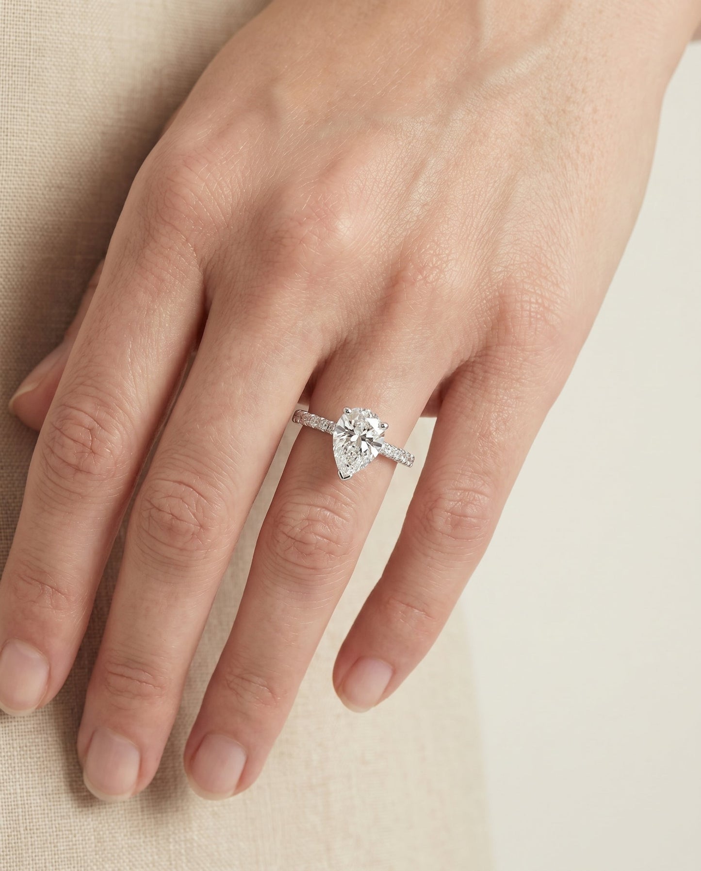 Norah Select Classic Linear French Pave Pear Shape Solitaire in 18K White Gold – view 5