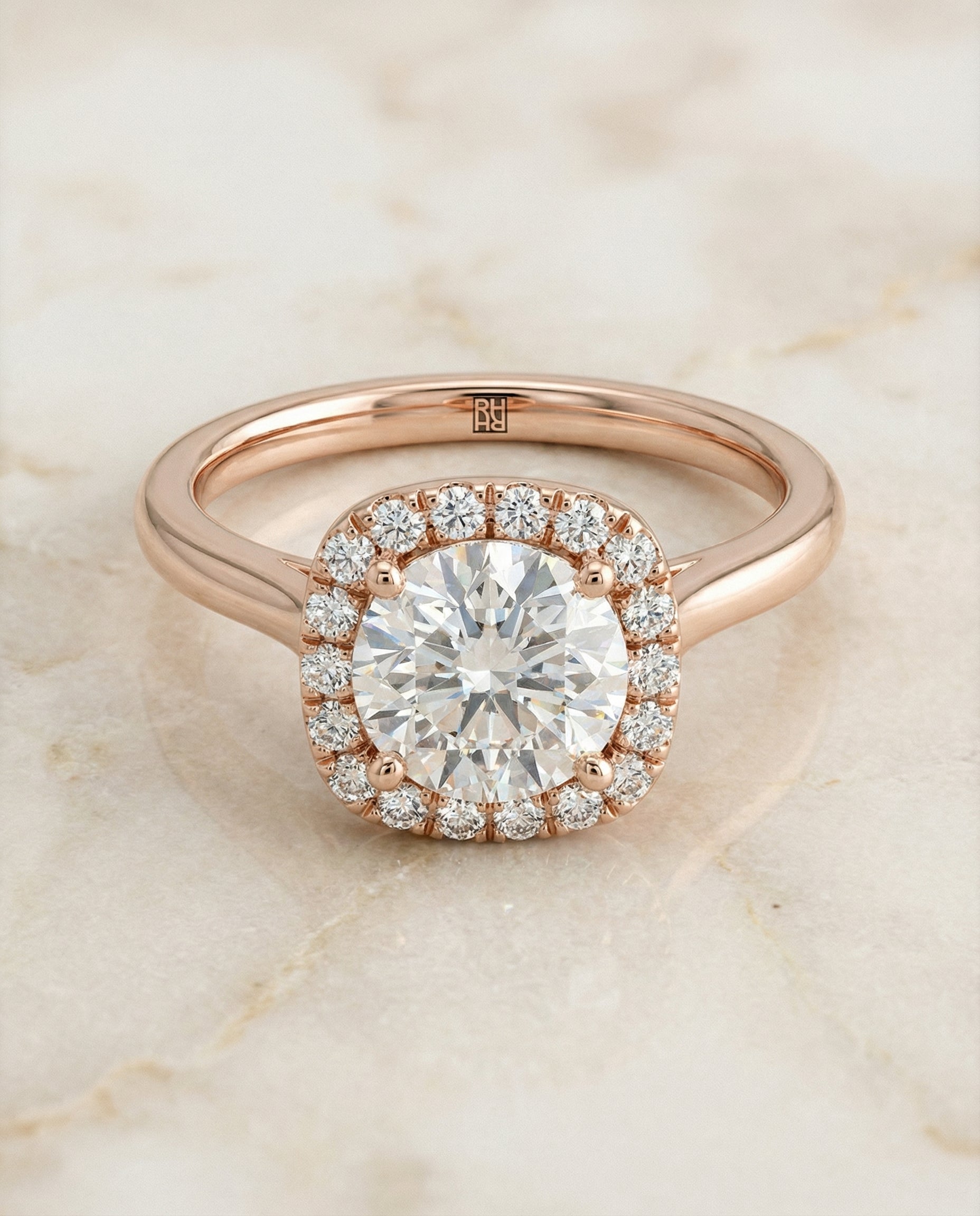 Round Brilliant, Classic Prong Diamond Halo, in 14K Rose Gold, pave setting – angled view | RockHer